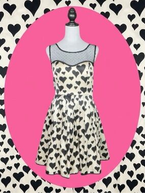 ModCloth Minuet Formal Party Cocktail Ivory Black Heart Print Mesh Yoke Dress L